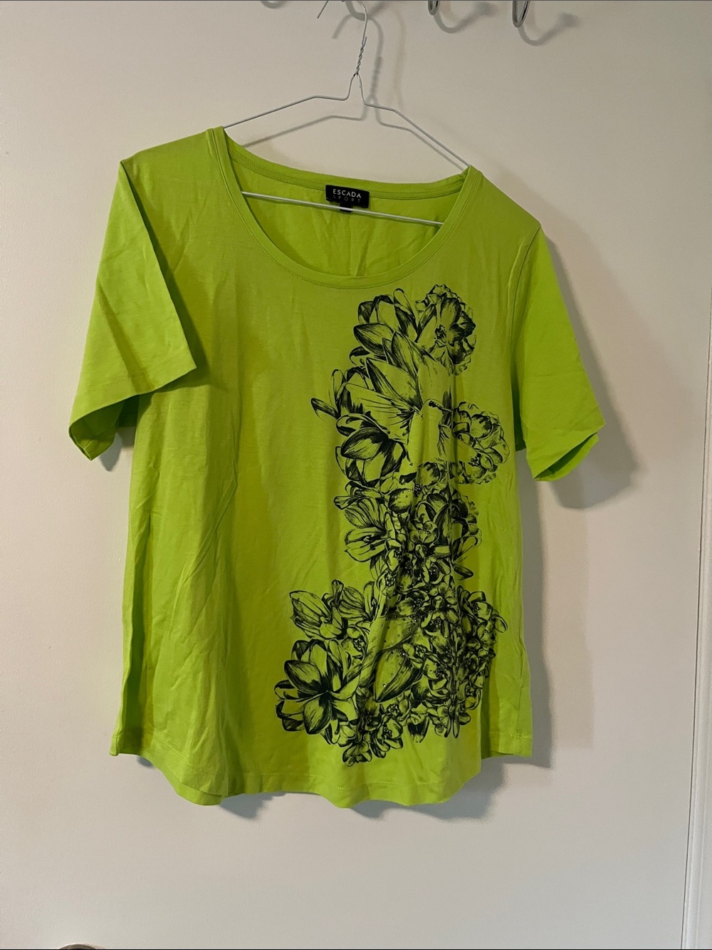 Escada Lime Green Floral-Panel Short Sleeve Tee
